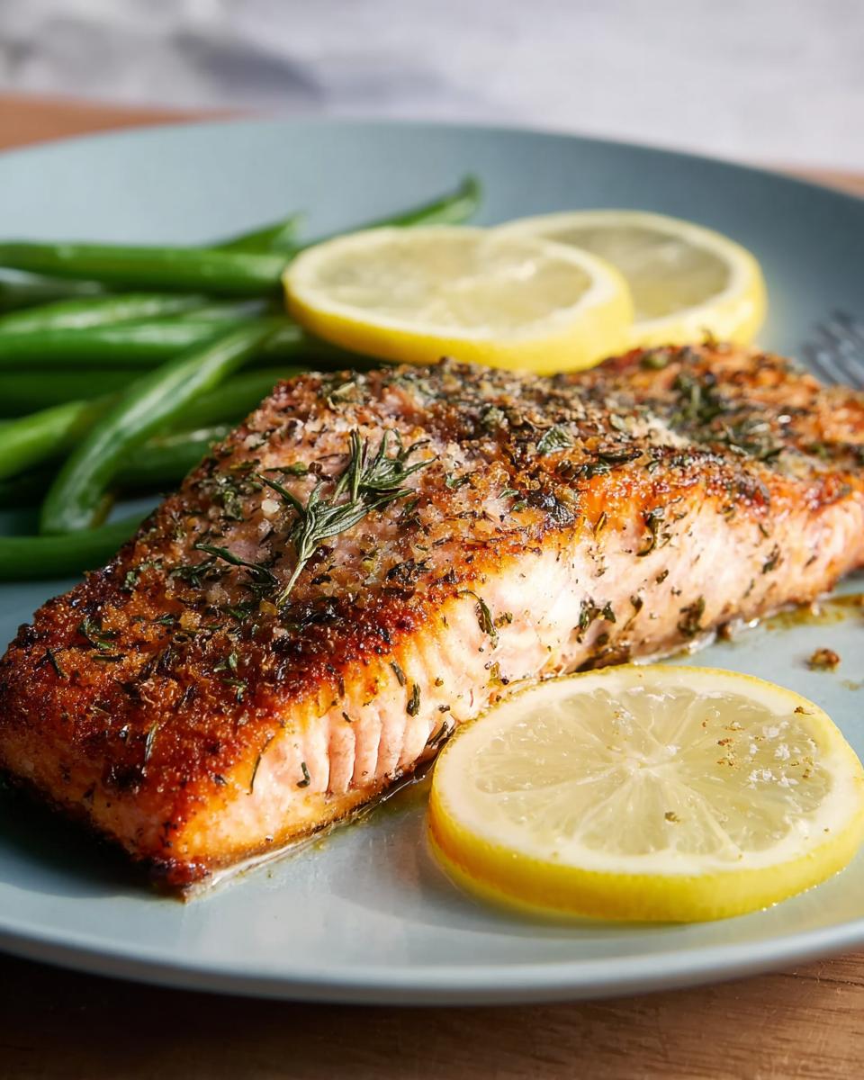 A delicious piece of salmon, seasoned with herbs and served with lemon slices and green beans.