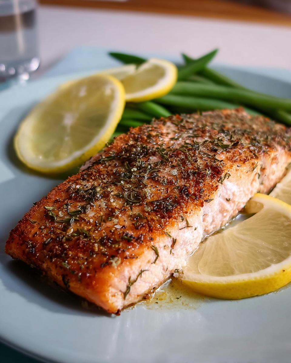 A close-up of a perfectly cooked salmon fillet seasoned with herbs, served with lemon slices and green beans.