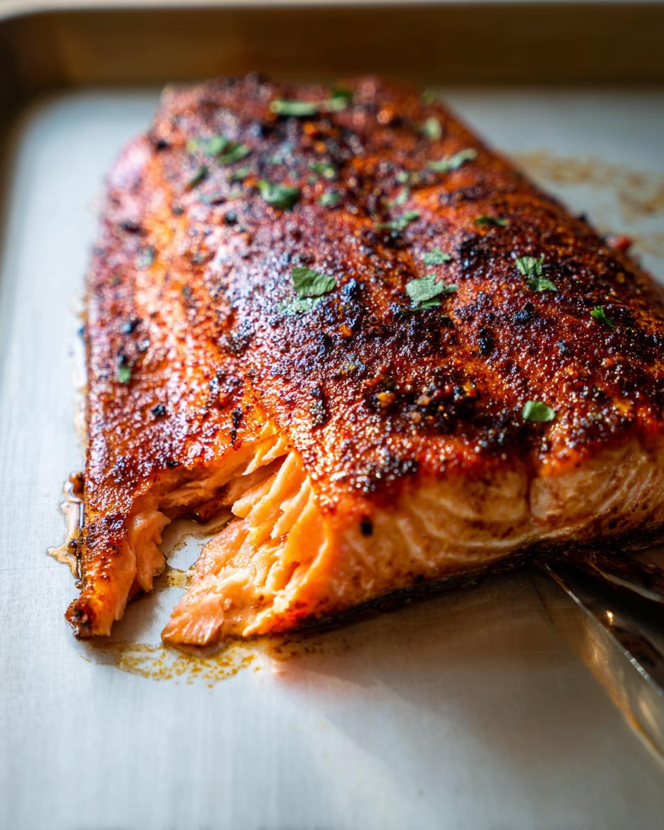 A close-up of a perfectly cooked salmon fillet, seasoned and flaky, ready for salmon recipes.
