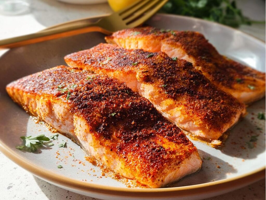 Three perfectly cooked salmon fillets seasoned with a spice rub, ready to be served as part of delicious salmon recipes.