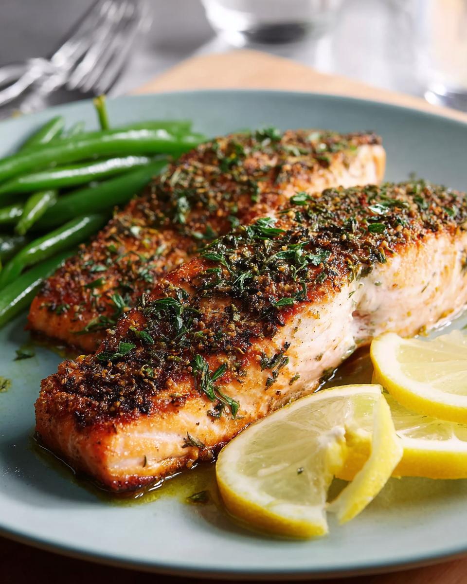 Two perfectly cooked salmon fillets seasoned with herbs, served with green beans and lemon slices. A top salmon recipe.