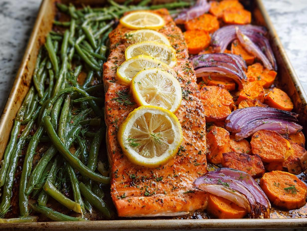 A delicious sheet pan meal prep featuring a salmon fillet with lemon slices, green beans, sweet potatoes, and red onion.