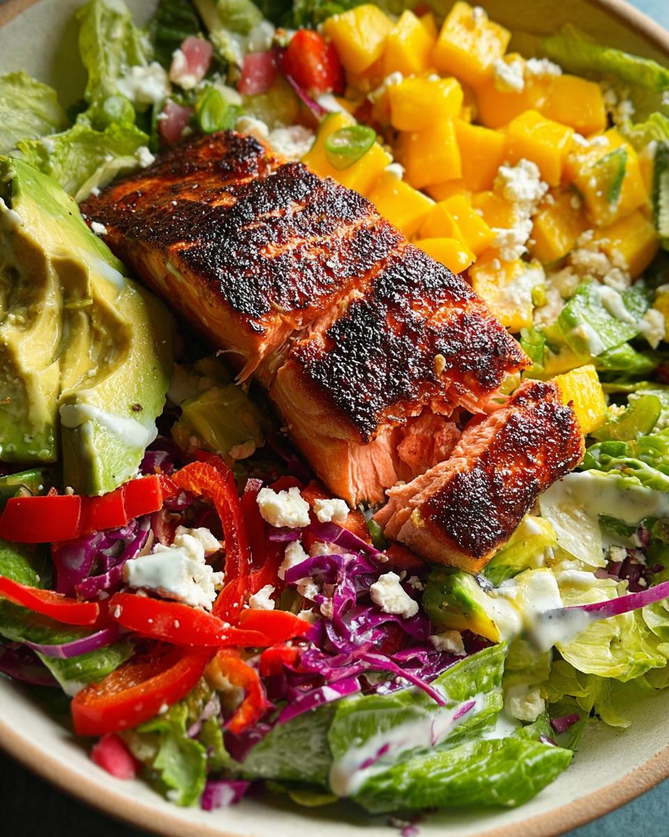 A vibrant salad featuring a perfectly cooked salmon fillet, avocado, mango, red cabbage, and feta cheese, drizzled with dressing.