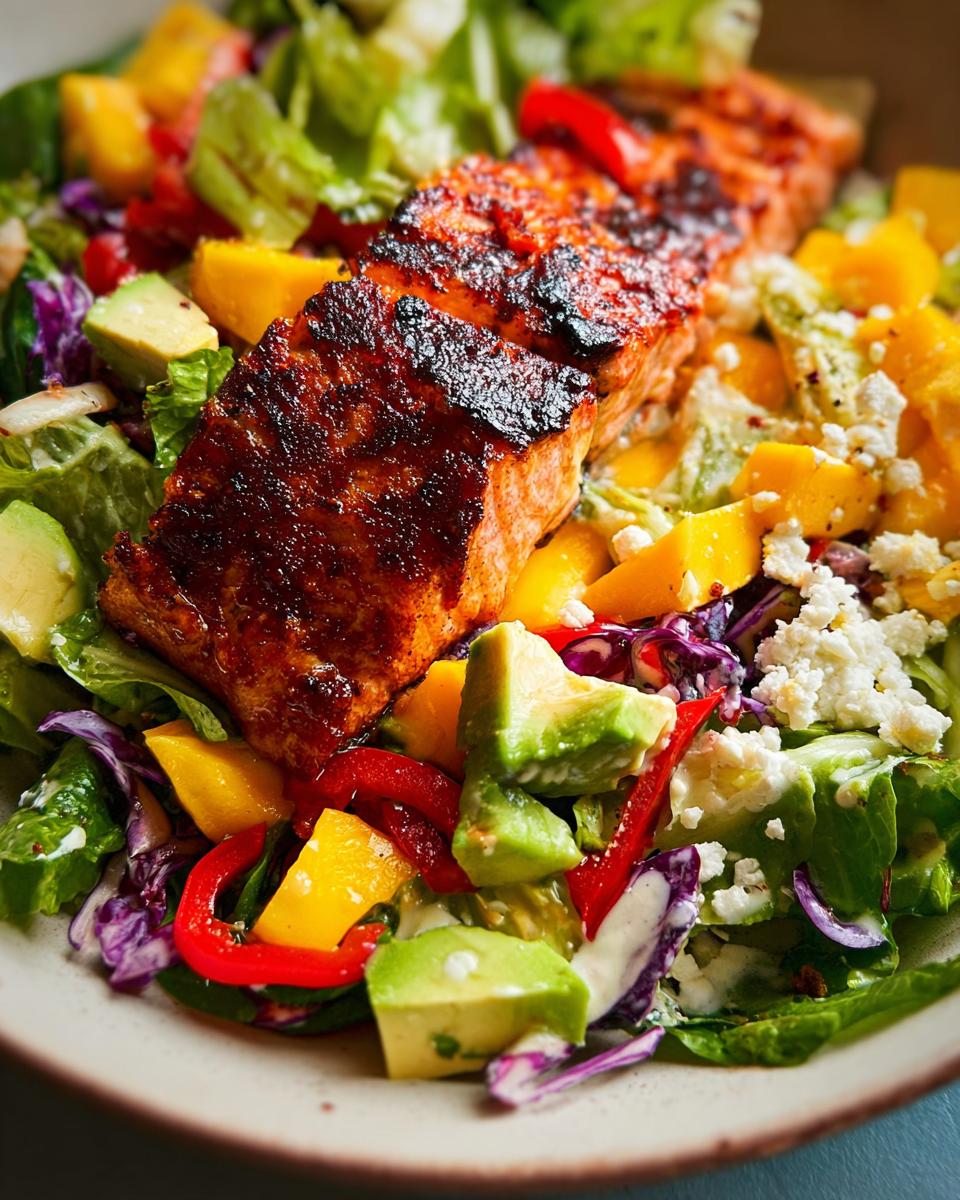 A vibrant salad topped with a perfectly cooked piece of salmon, featuring mango, avocado, red pepper, and feta cheese.