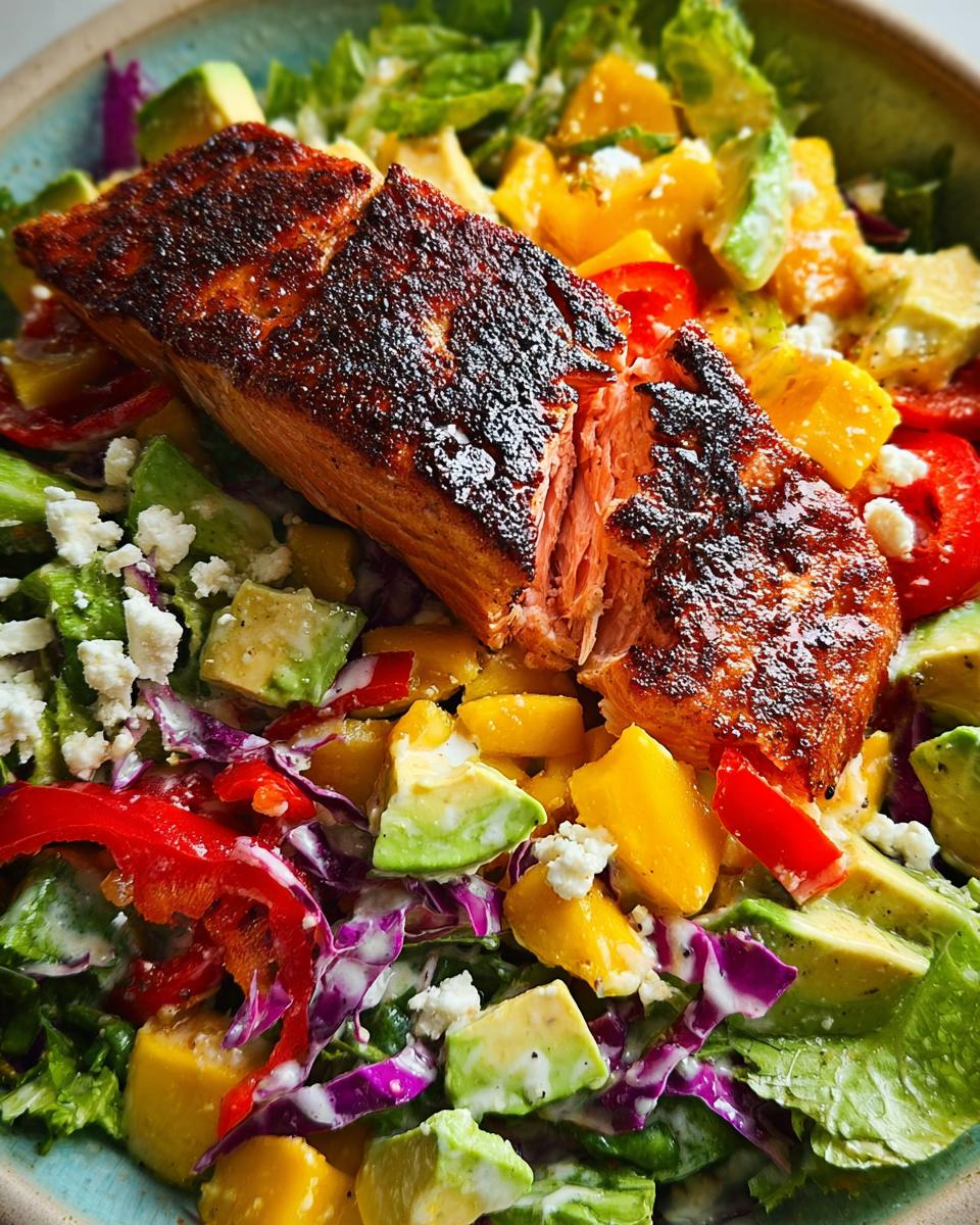 A close-up of a vibrant salad topped with a perfectly cooked piece of salmon, featuring avocado, mango, and red cabbage.