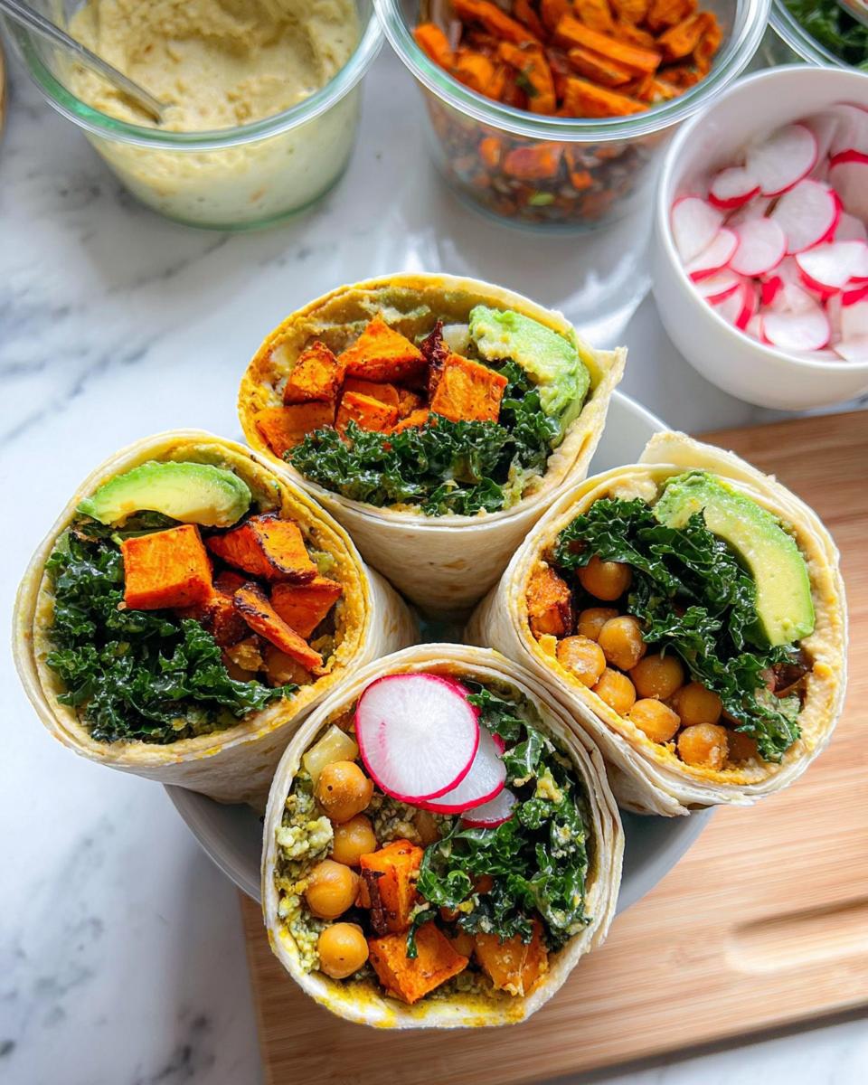 Four meal prep sandwich wraps filled with roasted sweet potato, chickpeas, kale, avocado, and hummus.