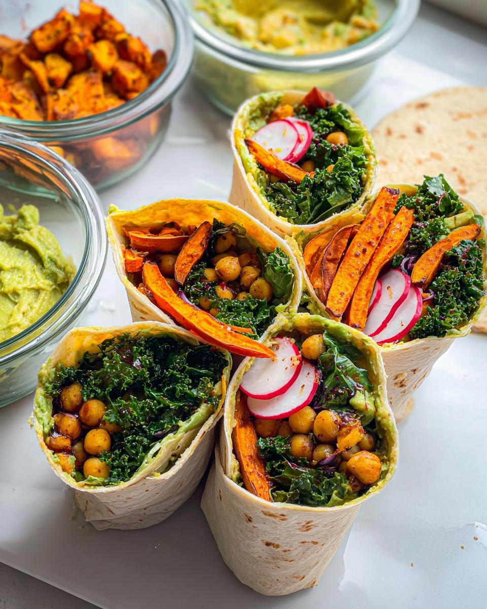 Close-up of five vegan wraps filled with chickpeas, kale, sweet potato, and radish, perfect for sandwich ideas and meal prep.