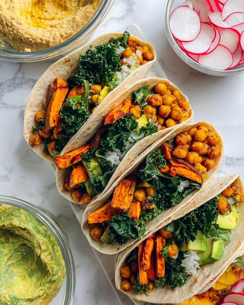 Four delicious wraps filled with sweet potato, chickpeas, kale, avocado, and rice. These are great sandwich ideas for meal prep.