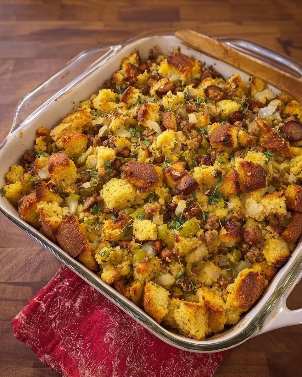 A close-up of a baked cornbread stuffing with sausage, celery, and herbs in a baking dish.