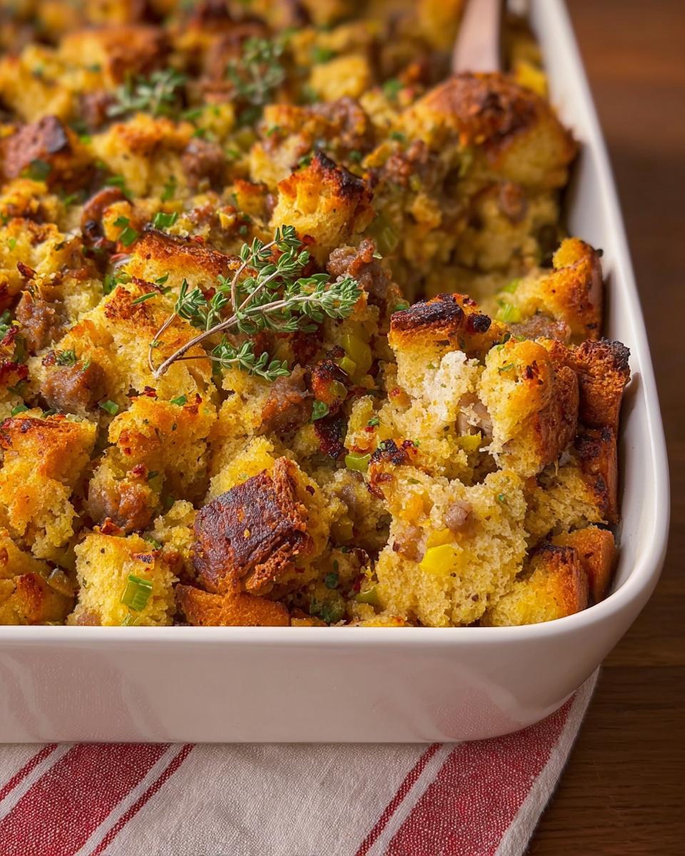 Close-up of a golden-brown sausage stuffing in a white baking dish, garnished with fresh thyme.