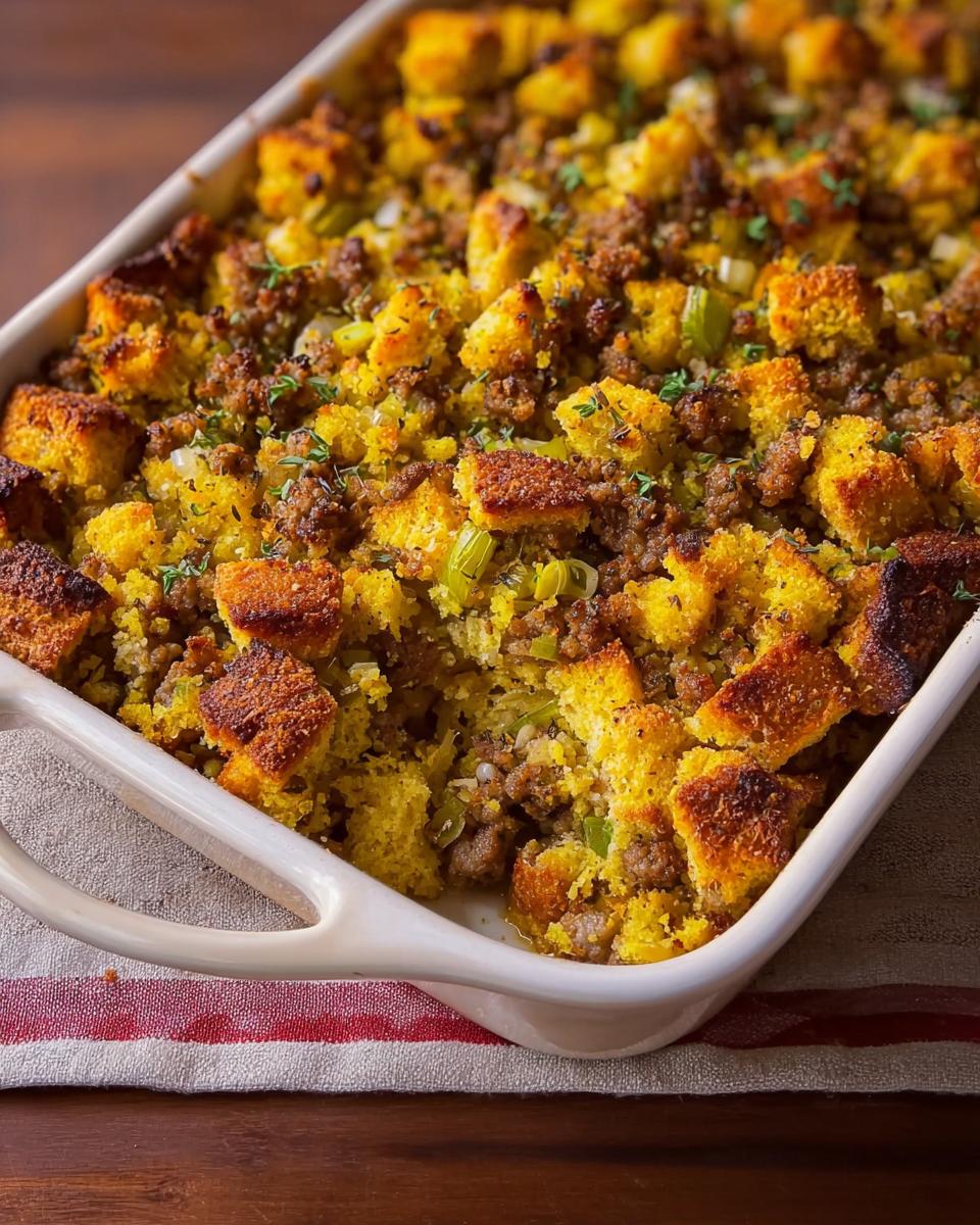 A close-up of a white baking dish filled with delicious sausage stuffing, featuring cornbread cubes, crumbled sausage, and celery.