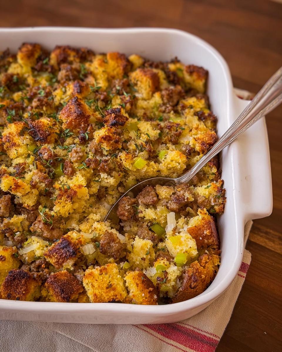 A close-up of a baking dish filled with homemade sausage stuffing, ready to be served.