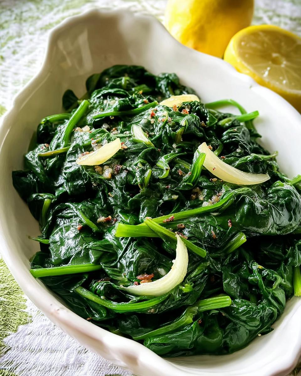 Close-up of sautéed spinach with garlic and lemon slices, a simple yet flavorful veggie side.