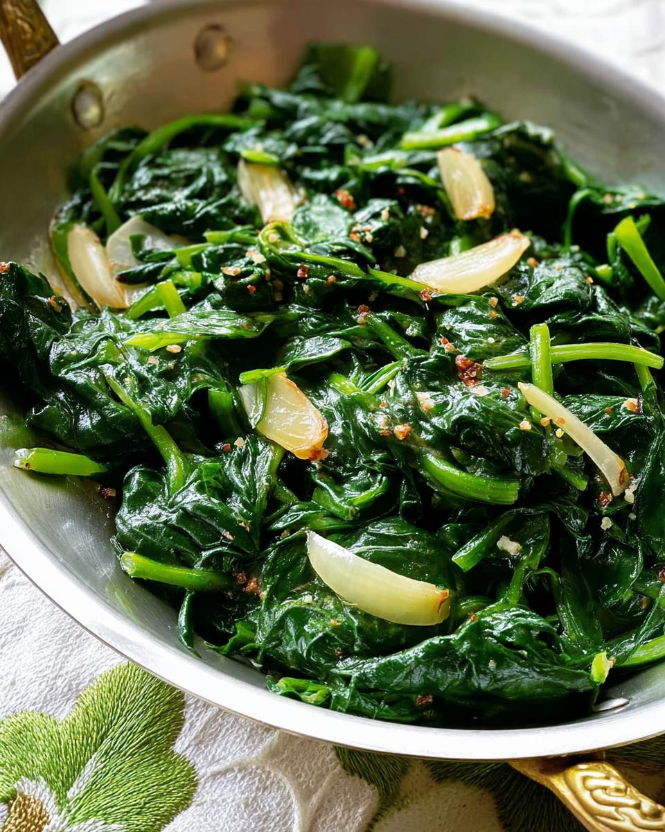Close-up of sautéed spinach with garlic slices, part of 20-Ingredient Veggie Sides Recipes.