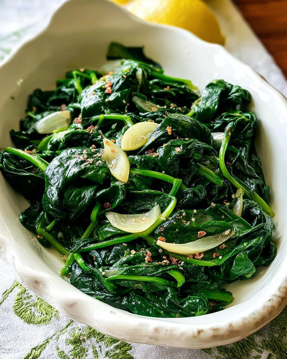 Close-up of sautéed spinach with garlic slices and pink salt, a perfect side dish from 20-Ingredient Veggie Sides Recipes.