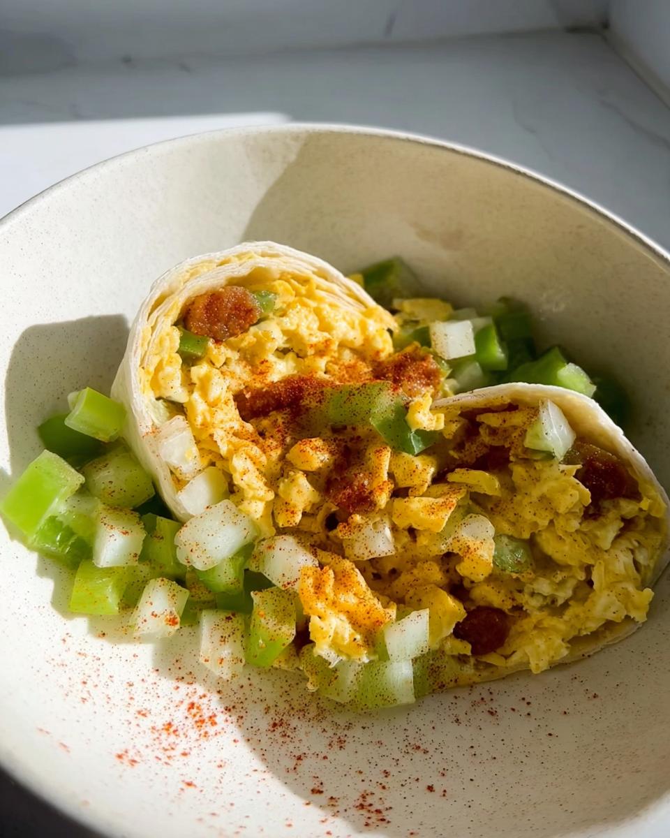 A halved scrambled egg burrito filled with vegetables and spices, served in a bowl with diced green peppers and onions.