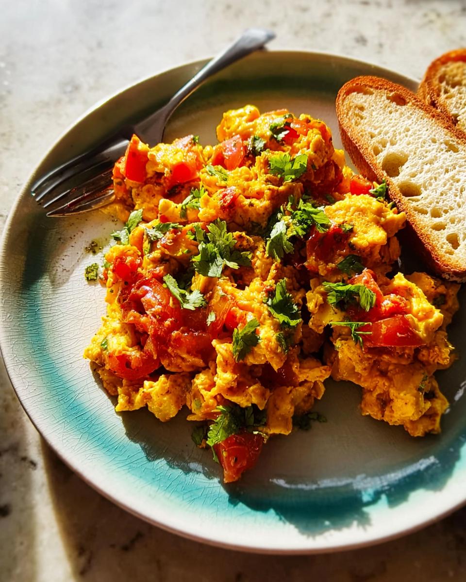 Scrambled egg recipes in 10 minutes with diced tomatoes and fresh herbs, served with toast.