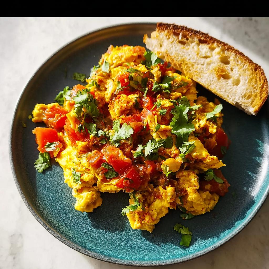 Scrambled eggs with diced tomatoes and fresh cilantro, served with a slice of toasted bread. A quick egg recipe.