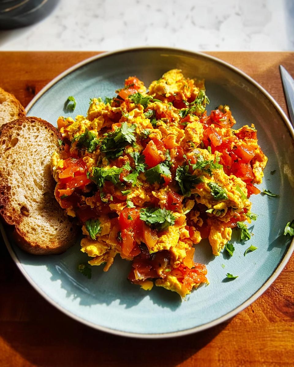 Scrambled eggs with diced tomatoes and fresh cilantro, served with toast. A quick egg recipe.