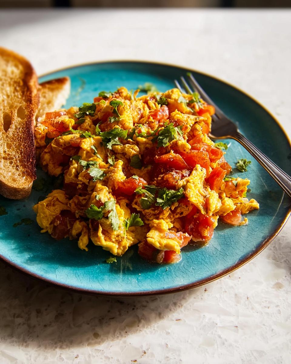 Scrambled eggs with tomatoes and fresh cilantro, served with toast. A perfect example of quick egg recipes.