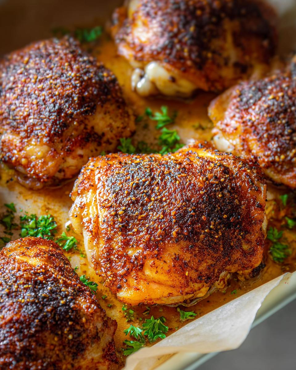 Close-up of perfectly seasoned chicken thighs, baked to a golden brown and garnished with fresh parsley.