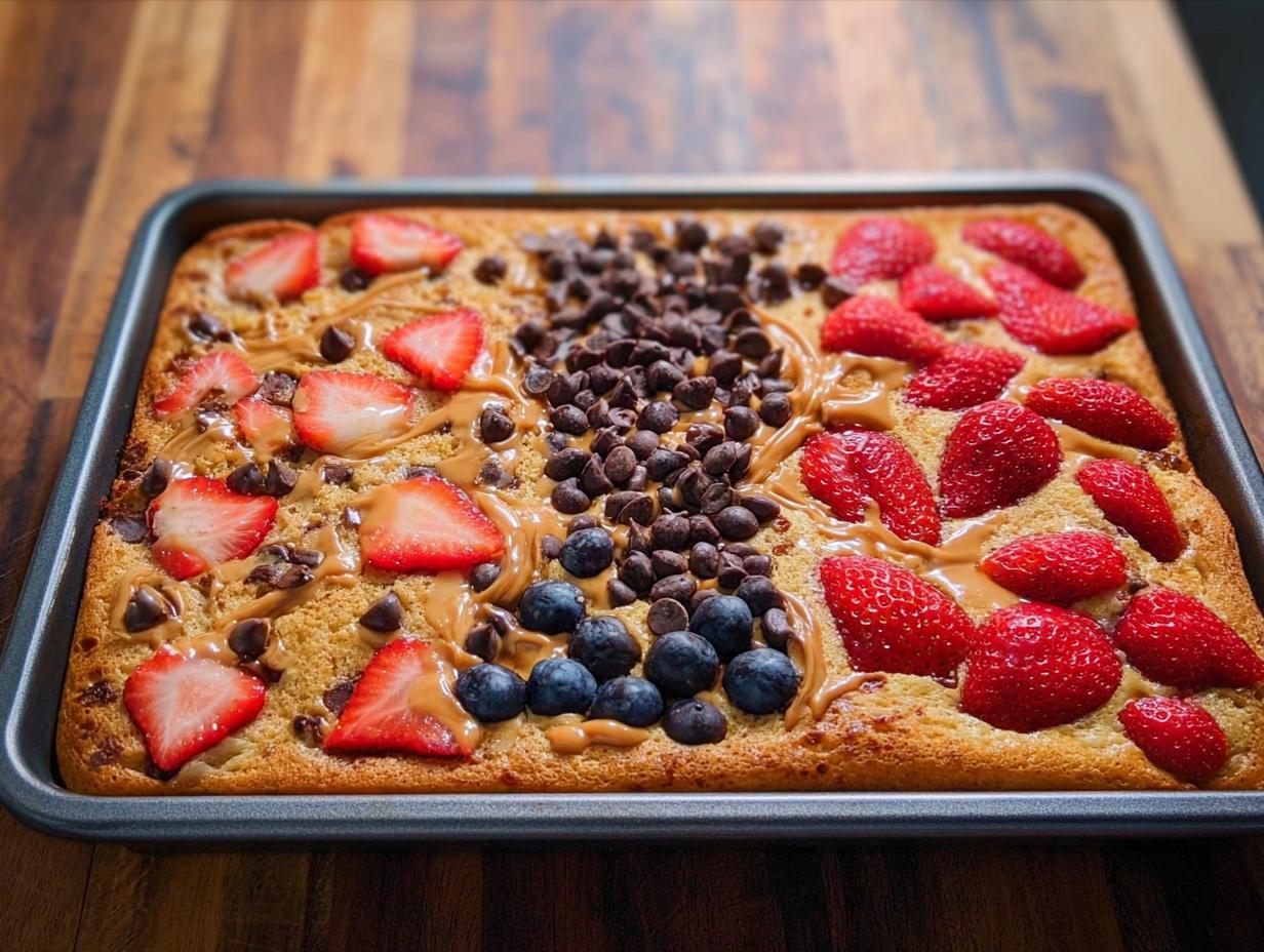 A sheet pan breakfast bake topped with strawberries, blueberries, chocolate chips, and peanut butter drizzle, part of 10-Ingredient Breakfast Ideas Recipes.