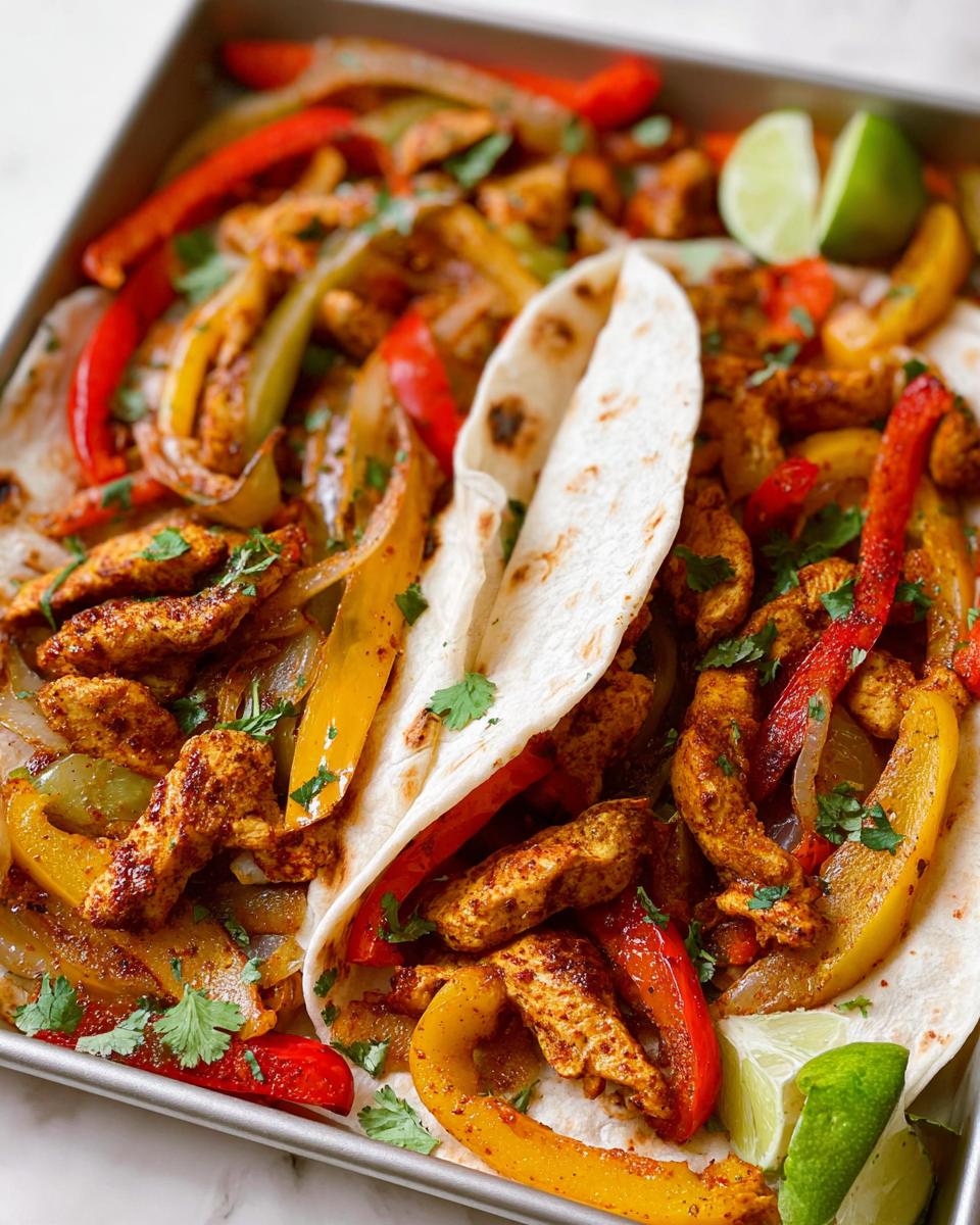 Close-up of sheet pan chicken fajitas with colorful bell peppers, onions, and lime wedges, ready to be served in tortillas.