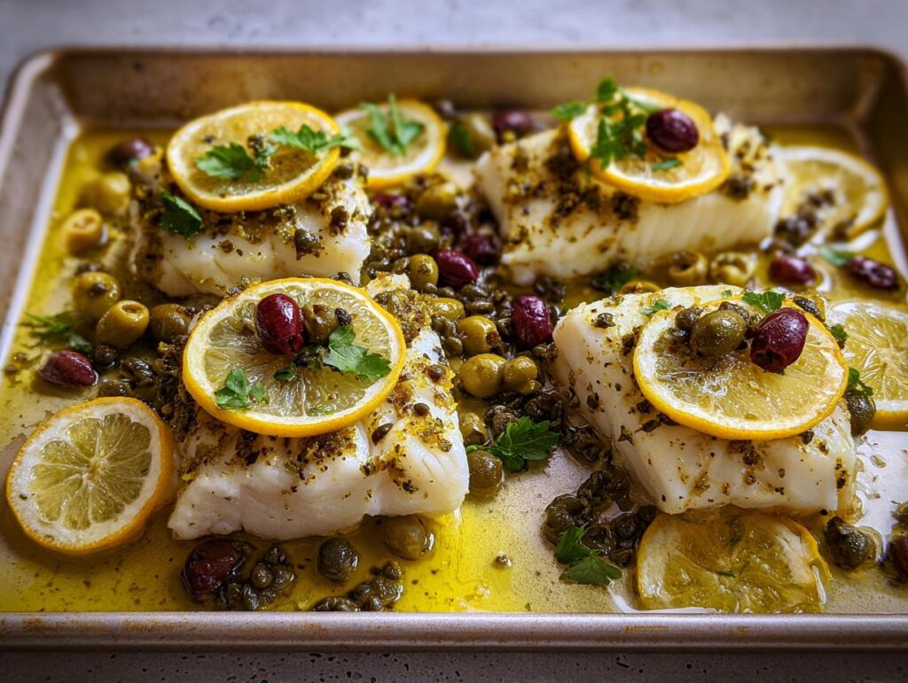 Four pieces of flaky white fish baked on a sheet pan with lemon slices, olives, and herbs, part of 7 Genius Veggie Sides Recipes Ideas for Busy Weeknights.