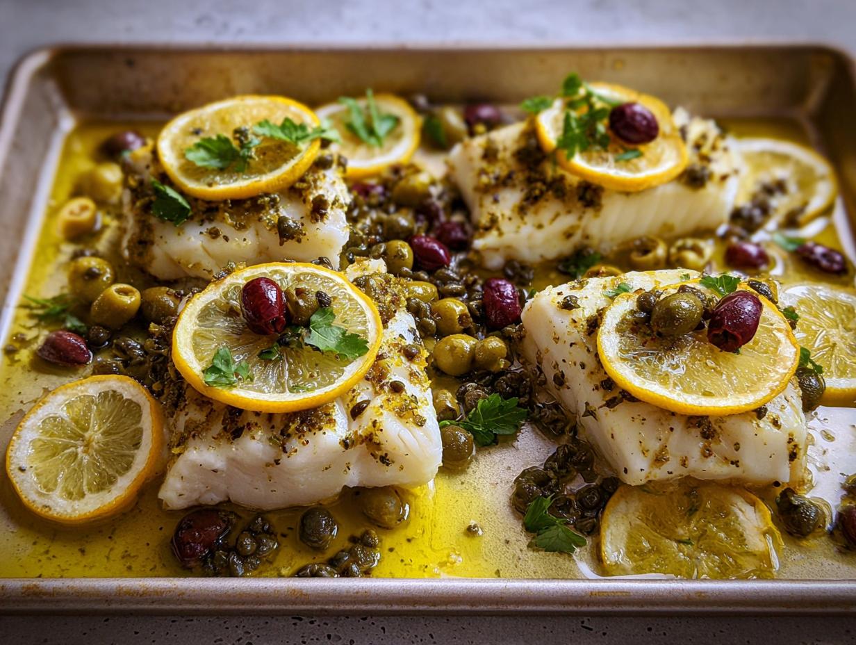 Four pieces of flaky white fish baked on a sheet pan with lemon slices, olives, and herbs, part of 7 Genius Veggie Sides Recipes Ideas for Busy Weeknights.