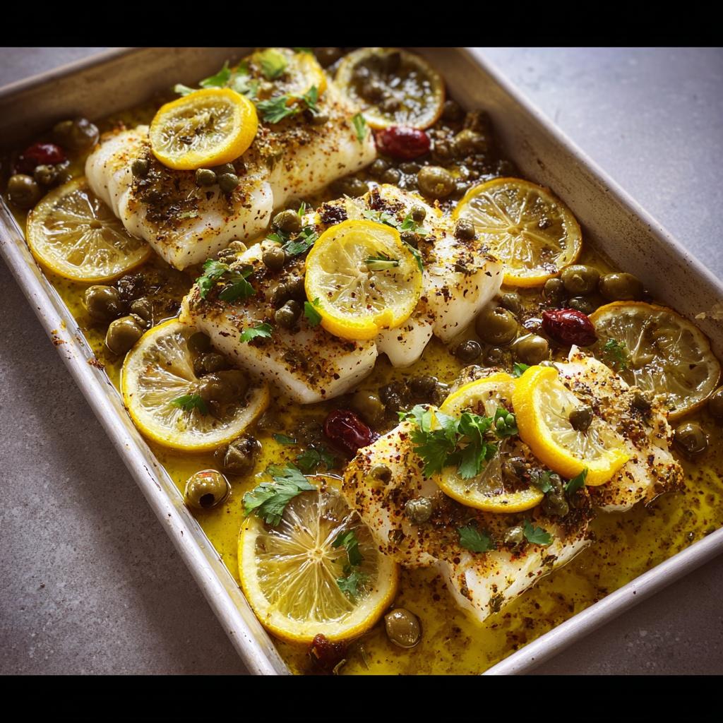Sheet pan lemon herb fish with olives and capers, a quick and delicious veggie side dish.