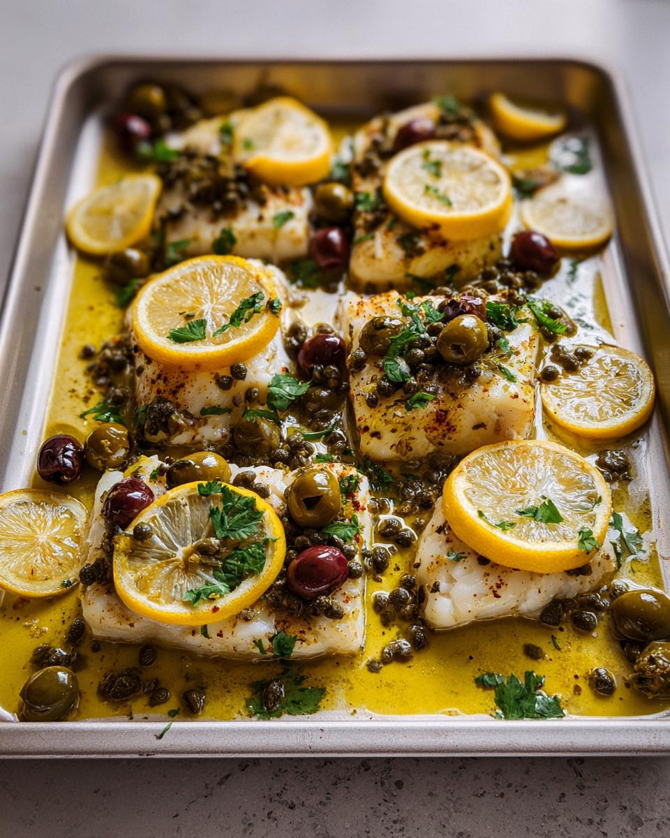 Close-up of baked fish fillets topped with lemon slices, olives, and capers on a sheet pan.