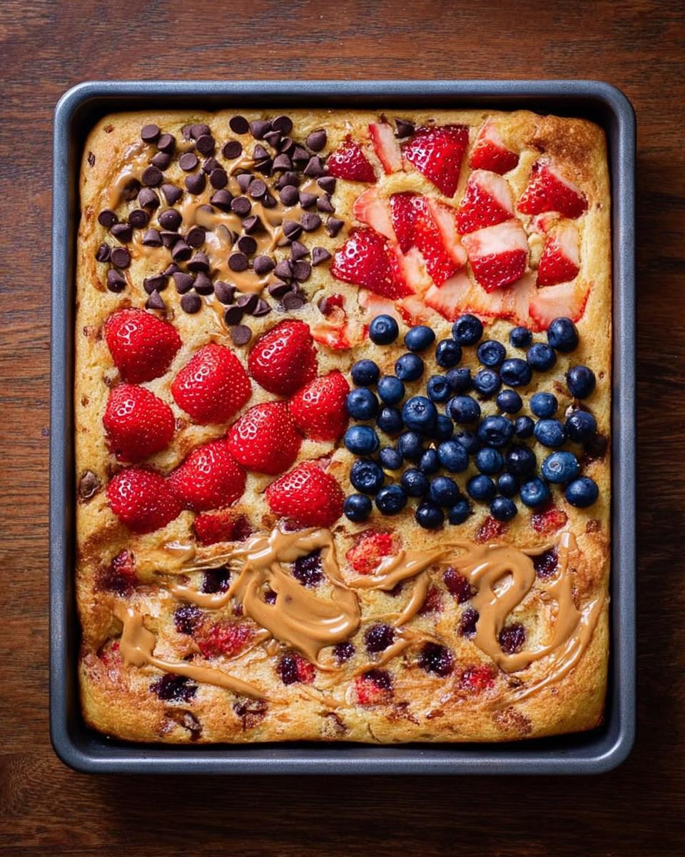 Top-down view of a sheet pan pancake with sections of strawberries, blueberries, chocolate chips, and peanut butter drizzle.