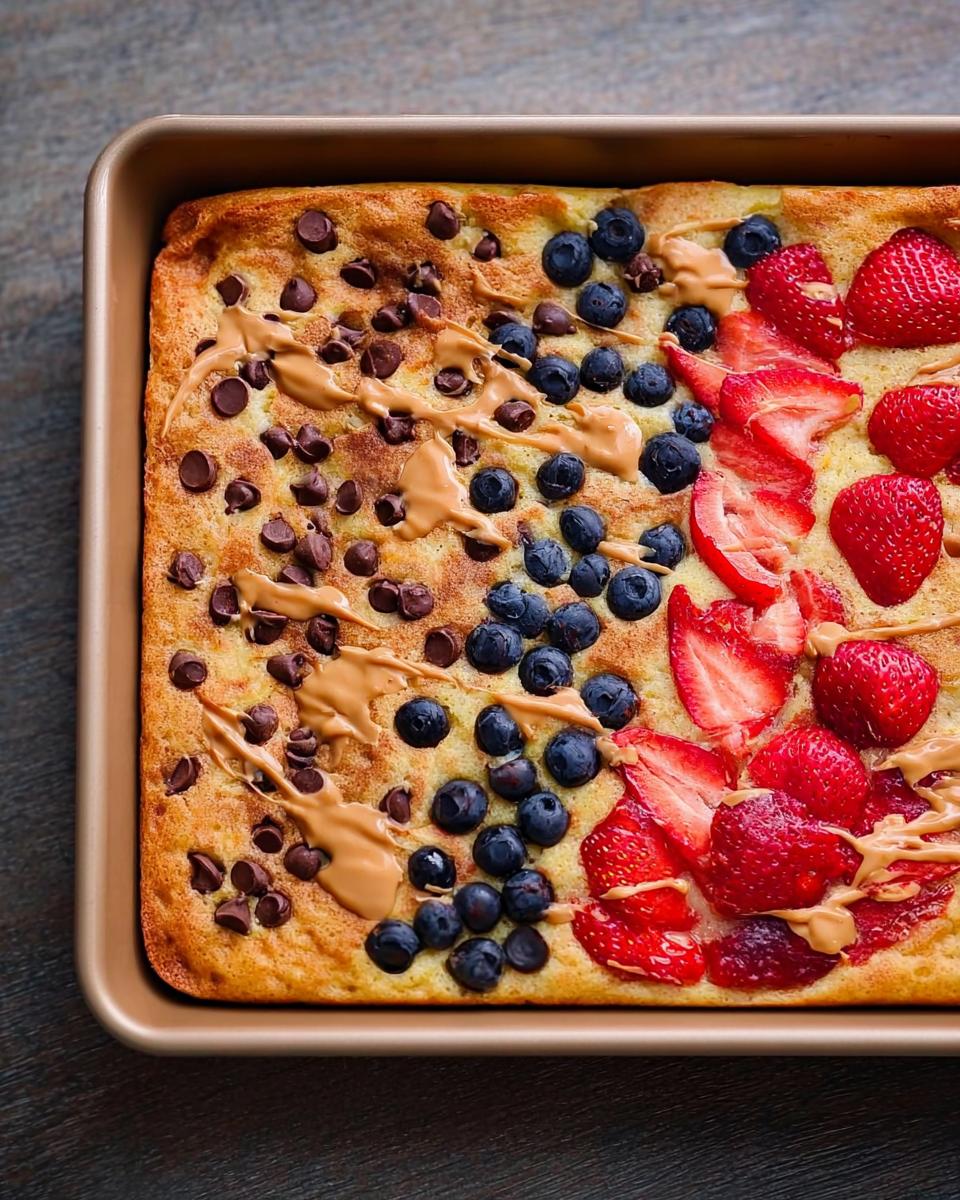 Overhead view of a sheet pan pancake topped with chocolate chips, blueberries, strawberries, and peanut butter drizzle. A perfect 10-ingredient breakfast idea.