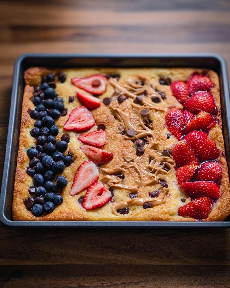 A sheet pan pancake topped with blueberries, strawberries, chocolate chips, and a drizzle of peanut butter.