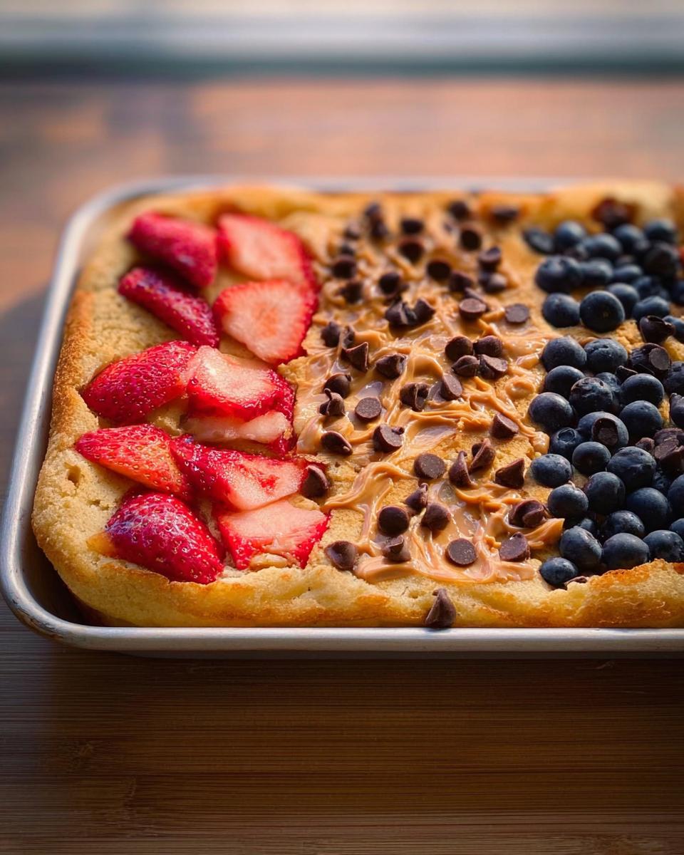 A sheet pan pancake topped with strawberries, peanut butter, chocolate chips, and blueberries. A perfect 10-ingredient breakfast idea.