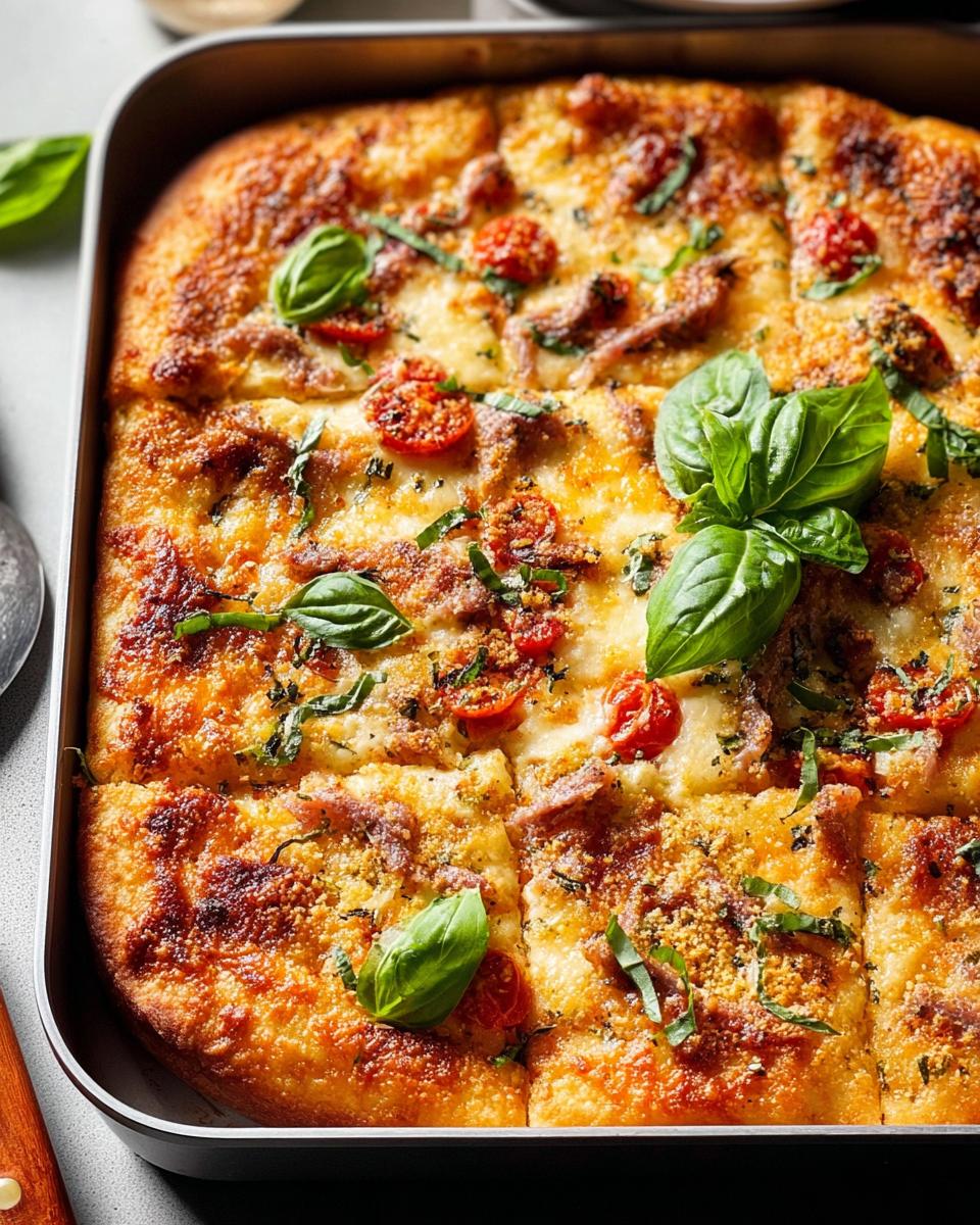 Close-up of a freshly baked sheet pan pizza, topped with cherry tomatoes, basil, and cheese, perfect for Pizza Night Recipes in 10 Minutes.