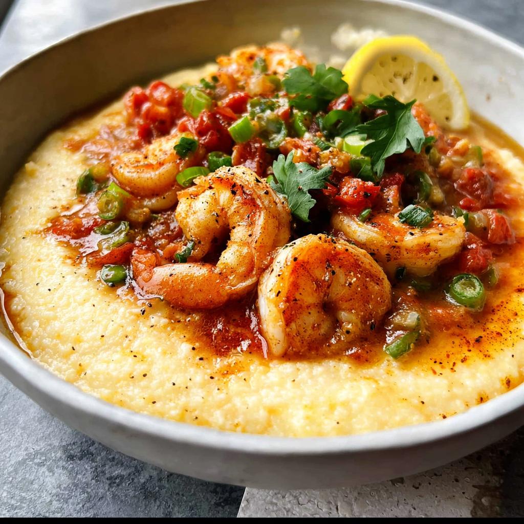 Close-up of creamy grits topped with seasoned shrimp, a tomato-based sauce, green onions, and a lemon wedge.