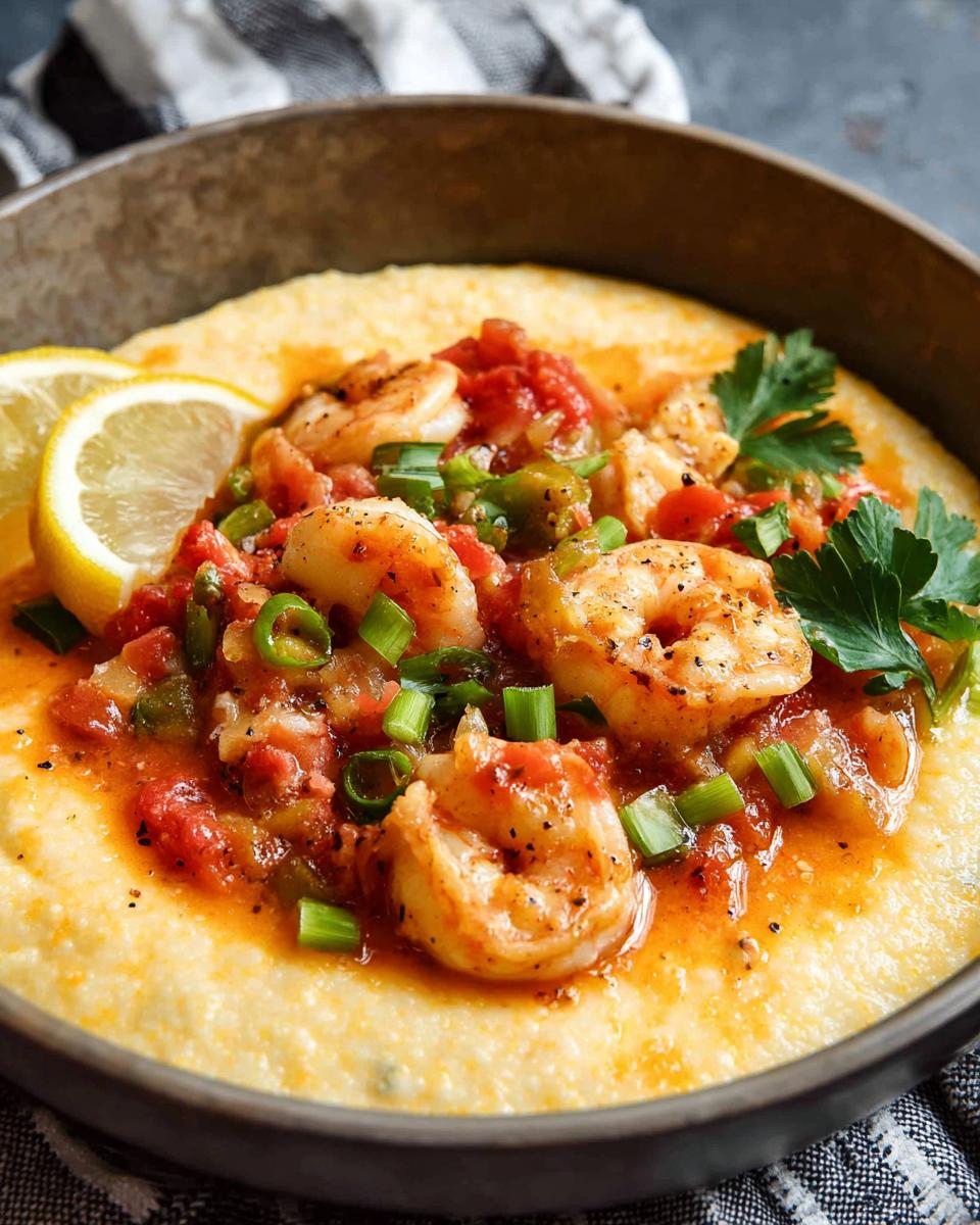 A bowl of creamy grits topped with seasoned shrimp, diced tomatoes, green onions, and lemon slices. Part of 25-Ingredient Shrimp Recipes.