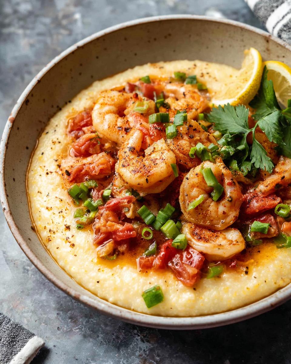 Close-up of creamy grits topped with seasoned shrimp, diced tomatoes, and chopped green onions. Garnished with lemon wedges and parsley.
