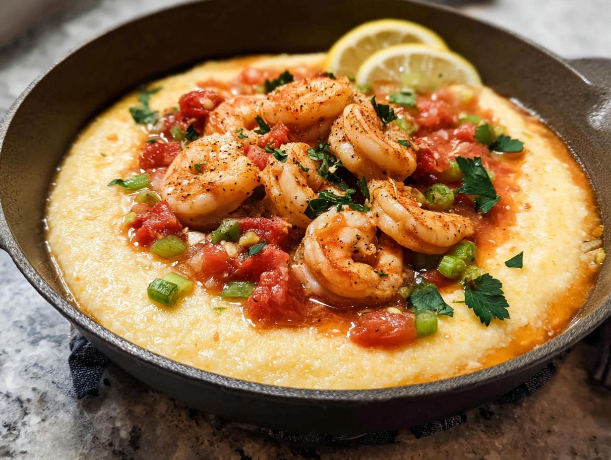 Close-up of shrimp and grits in a cast iron skillet, topped with diced tomatoes, green onions, and lemon slices.
