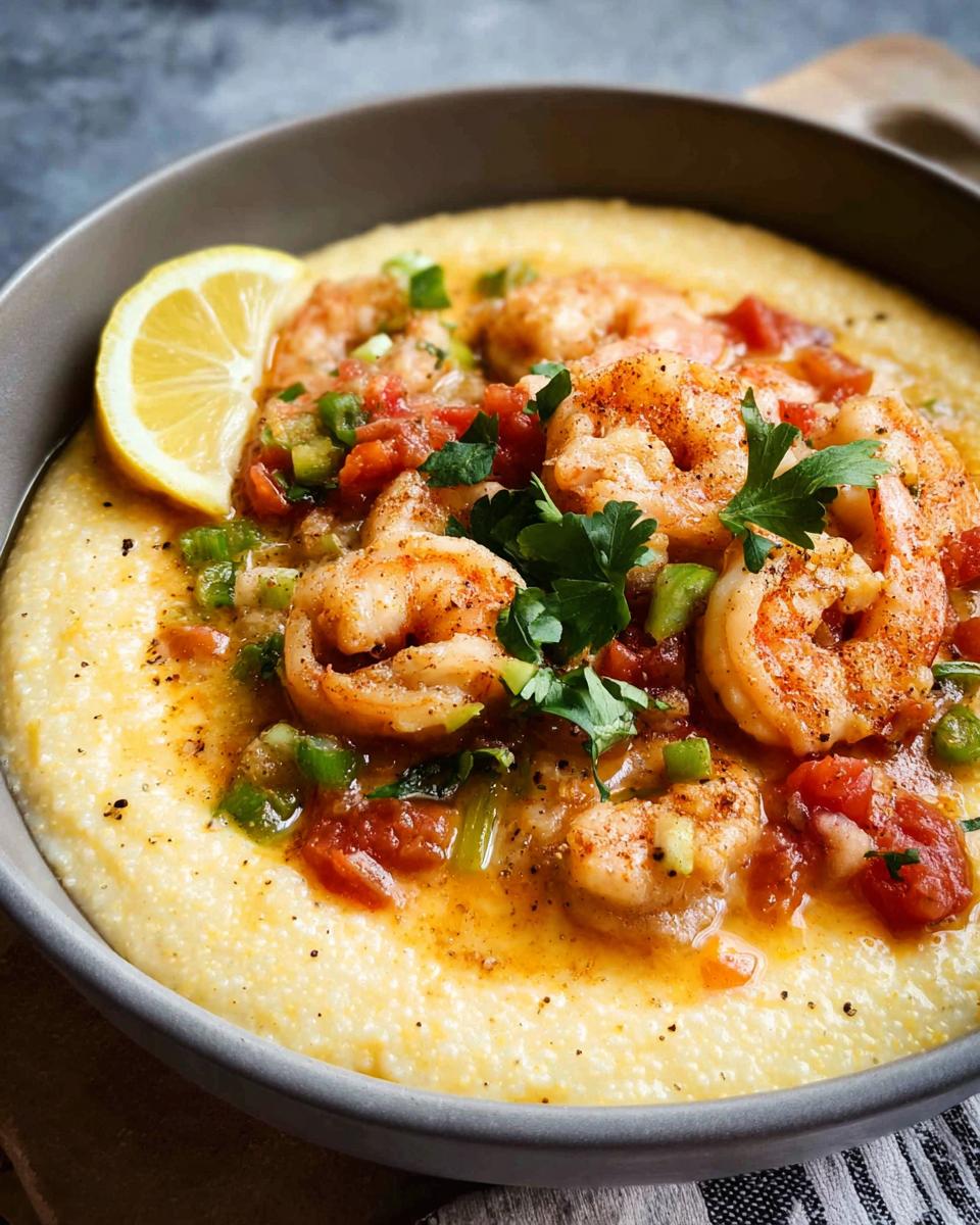 A bowl of creamy grits topped with seasoned shrimp, tomatoes, green onions, and a lemon wedge.