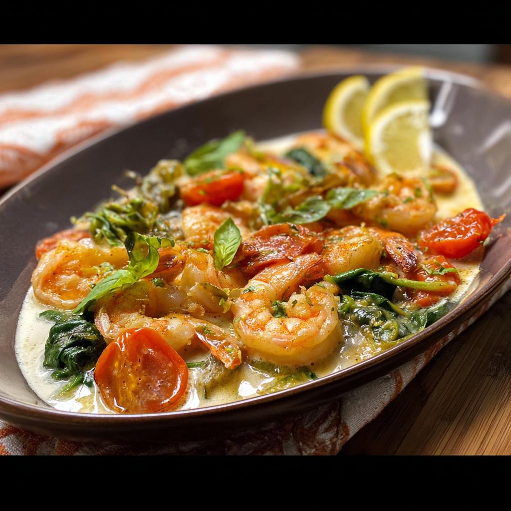 A close-up of a creamy shrimp recipe dish with cherry tomatoes, spinach, and basil, garnished with lemon slices.