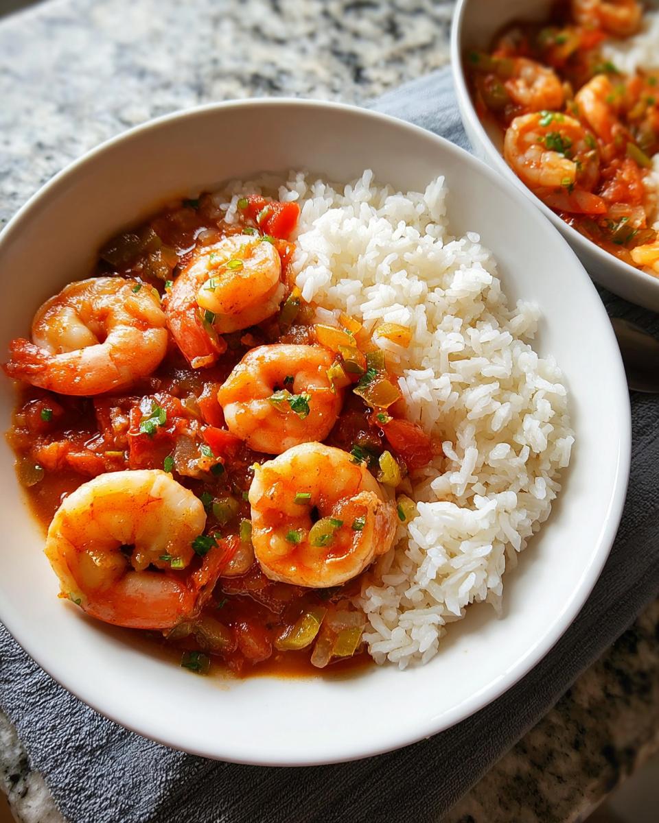 A bowl of fluffy white rice served with succulent shrimp in a rich tomato-based sauce, a perfect shrimp recipe.