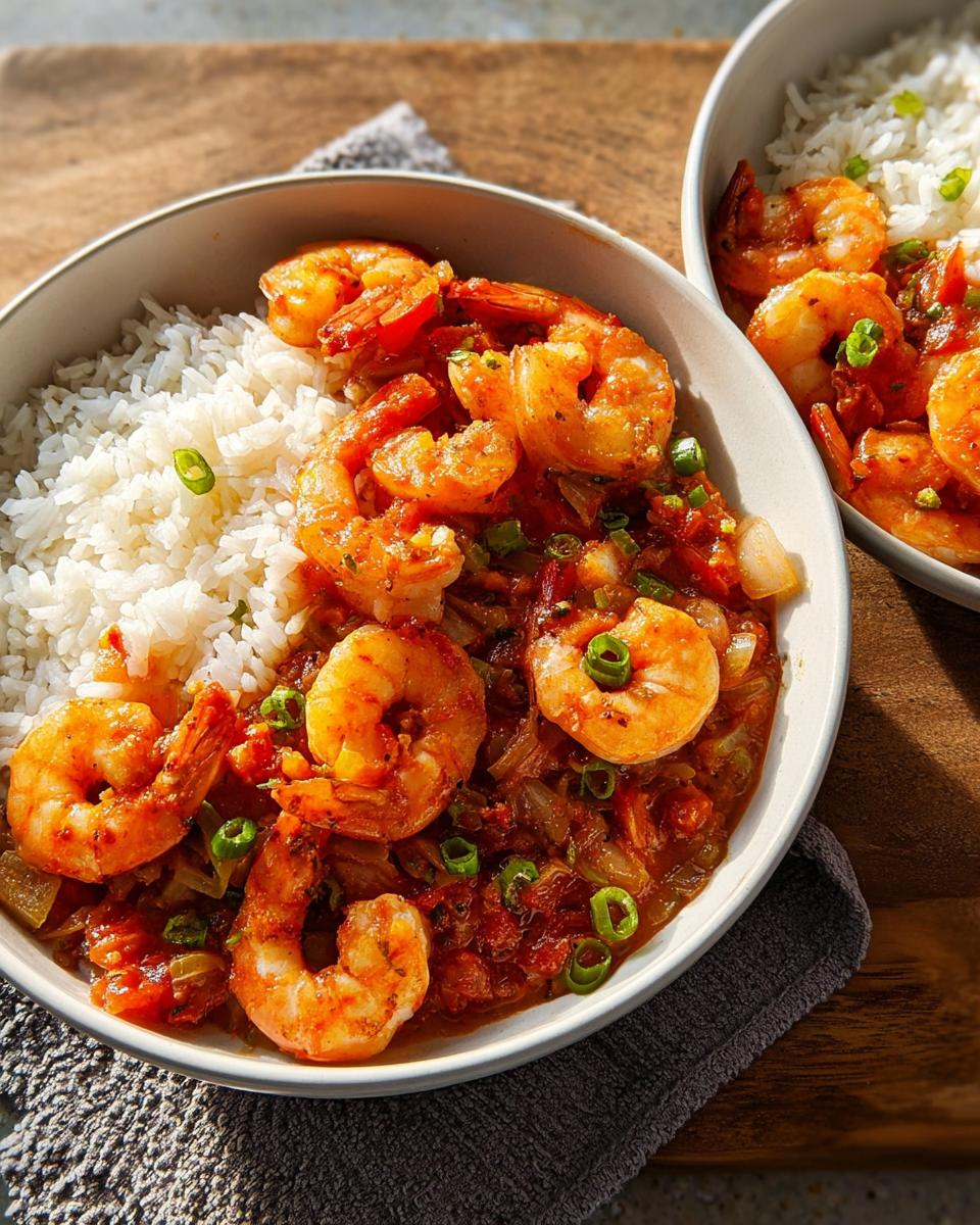 A close-up of a bowl filled with fluffy white rice and a generous serving of succulent shrimp in a rich, red sauce, garnished with green onions. This is one of our favorite shrimp recipes.