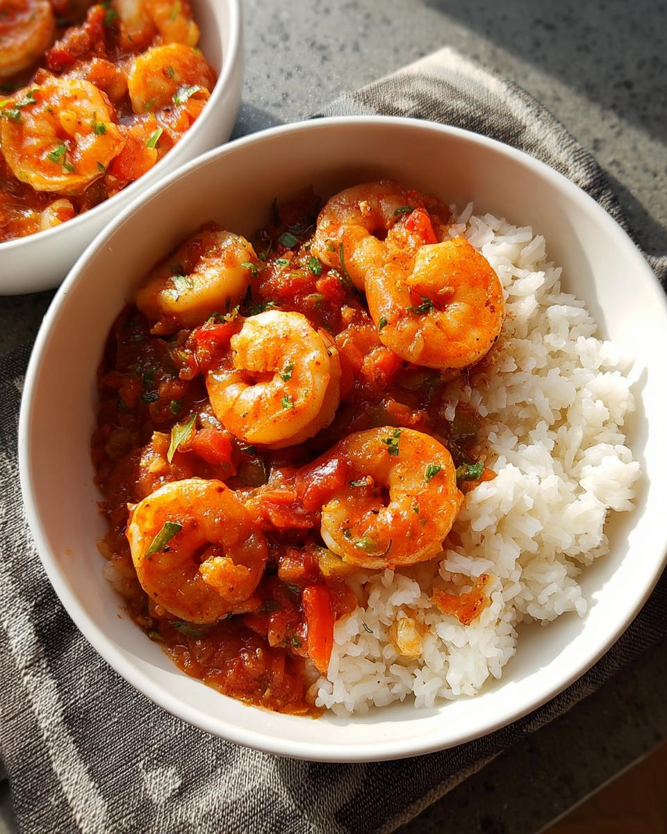 A bowl of fluffy white rice topped with succulent shrimp in a rich tomato-based sauce, a perfect shrimp recipe.