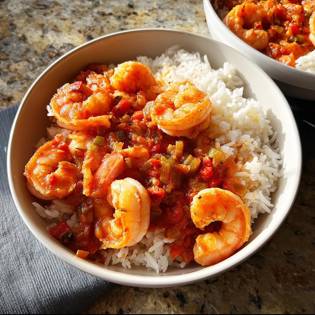 Close-up of a bowl filled with fluffy white rice topped with a flavorful shrimp and vegetable sauce. A perfect shrimp recipe.