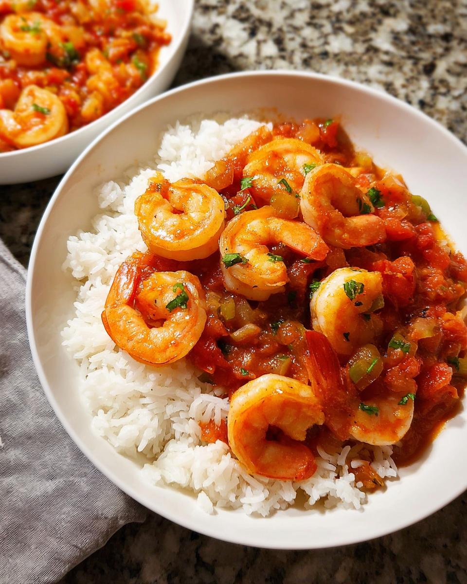 A bowl of fluffy white rice topped with succulent shrimp in a rich tomato and vegetable sauce, a perfect shrimp recipe.