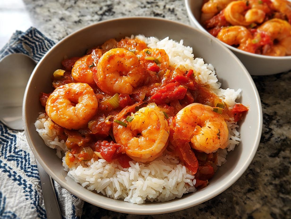 A bowl of fluffy white rice topped with succulent shrimp in a rich tomato and vegetable sauce. This is one of my favorite shrimp recipes.
