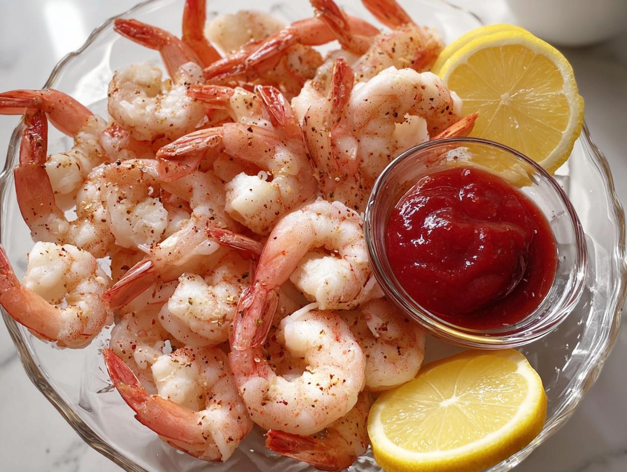 A bowl of cooked shrimp recipes, seasoned and served with lemon slices and cocktail sauce, perfect for impressing guests.