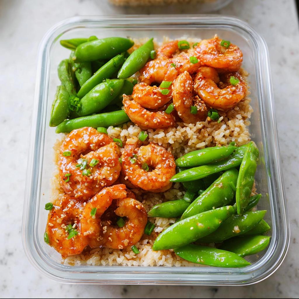 Meal prep container filled with brown rice, glazed shrimp, and snap peas, perfect for shrimp recipes meal prep.